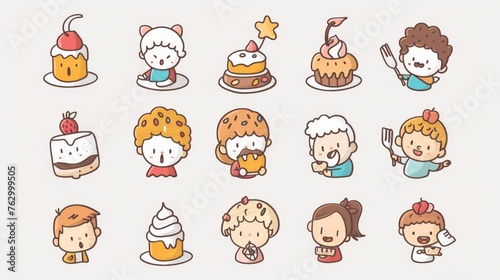 The illustration shows various characters eating cake. The illustrations are hand drawn as modern doodles.