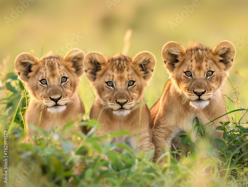 A pride of lions, including a lioness and playful cubs, relax in the tall grass