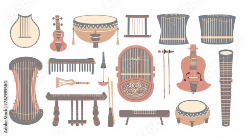 Traditional Korean musical instruments. Korean translation: Buk, Gong, Gwaenggwari, Sogo, Jabara, Janggu. photo