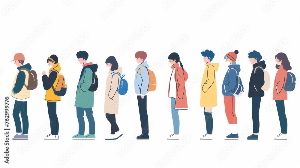 Modern illustration of people waiting in line according to guidelines. Flat design style minimal modern illustration.