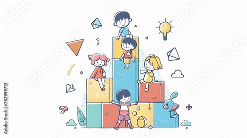 An illustration of children playing in a huge block in a flat design style.