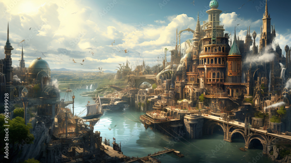 A steampunk city powered by steam engines and clockwor - obrazy, fototapety, plakaty 