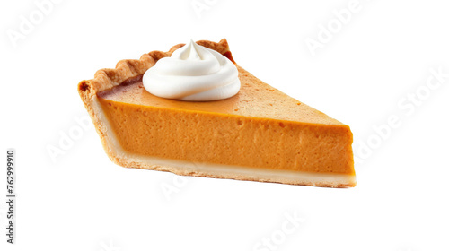 one slice of pumpkin pie isolated on a white background 