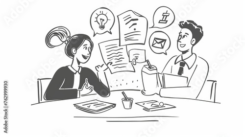 The hand-drawn style modern illustration illustrates the discussion between partners over documents and ideas.