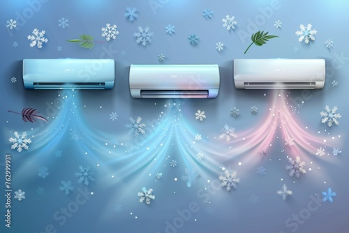 Flows of cold, hot, and fresh clean air inside an air conditioner. Modern illustration showing a split system air conditioner with snowflakes and leaves blowing. photo