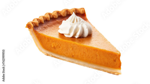 one slice of pumpkin pie isolated on a white background 