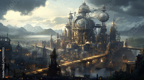 A steampunk city powered by steam engines and clockwor photo
