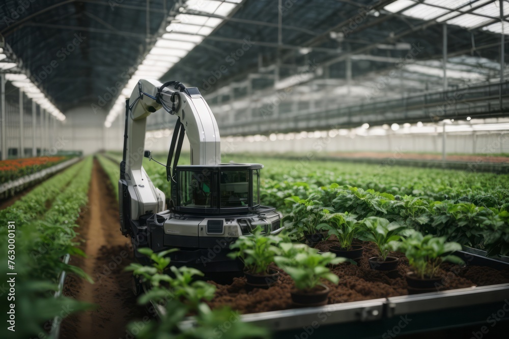 Smart farming with modern robotic technology in greenhouse. agriculture, farming and harvesting concept