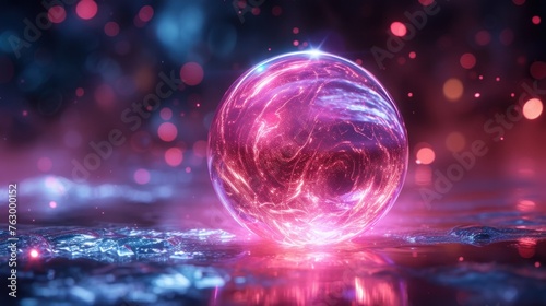 Glowing Energy Sphere Emits Pink Light on Sparkling Surface