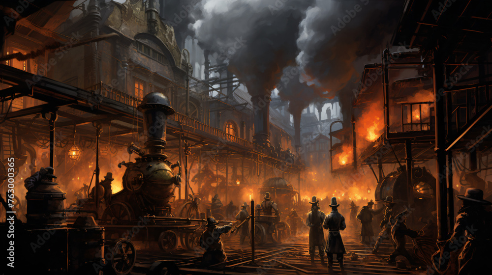A steampunk factory belching smoke and steam with work