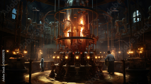 A steampunk laboratory where scientists conduct experi