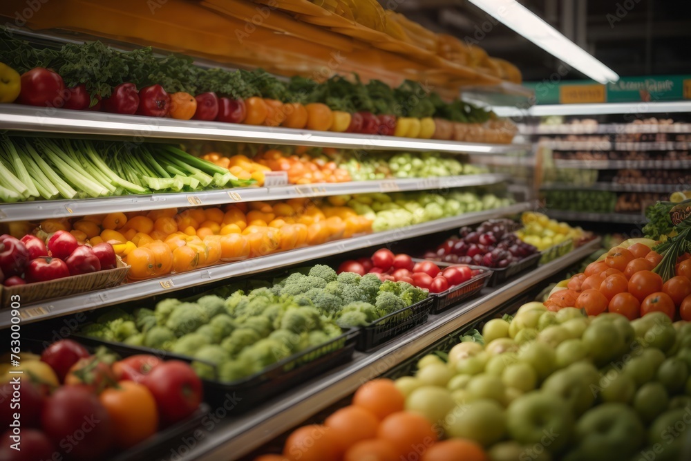 Fruits and vegetables on supermarket shelves for sale