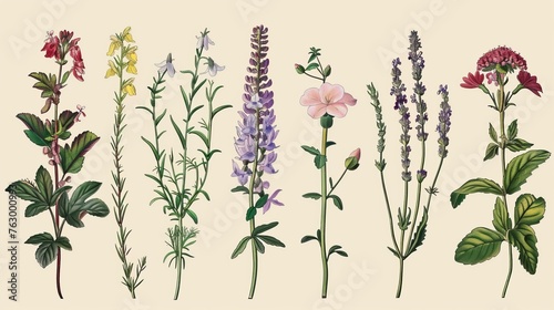 Botany. Set. Vintage flowers. Colorful engraving style illustration of herbs and wildflowers.