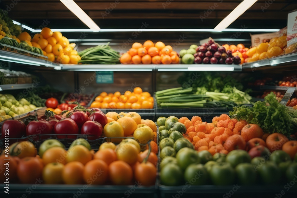 Fruits and vegetables on supermarket shelves for sale