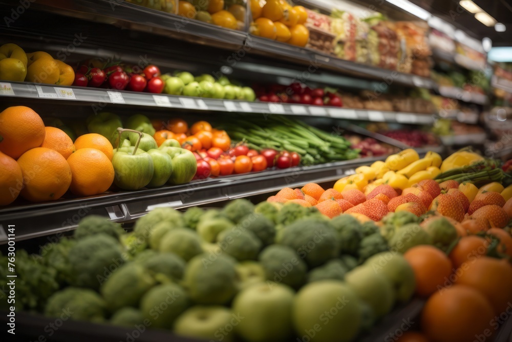 Fruits and vegetables on supermarket shelves for sale - obrazy, fototapety, plakaty 