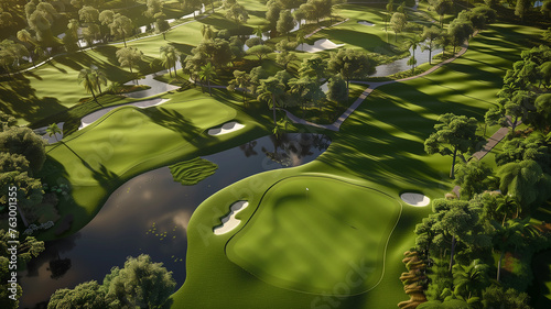 An aerial view of a golf course with multiple holes, showcasing the contrast between the lush greens, sand bunkers, and water hazards in 3D