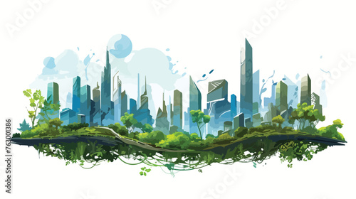A futuristic cityscape reclaimed by nature with vine