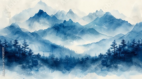 This is a blue brush stroke texture with Japanese chinses clouds in a vintage style. Abstract art landscape banner design with watercolor texture.