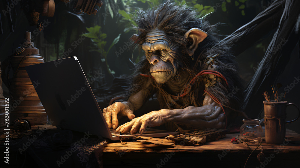 A troll seated at a laptop symbolizing online abstract