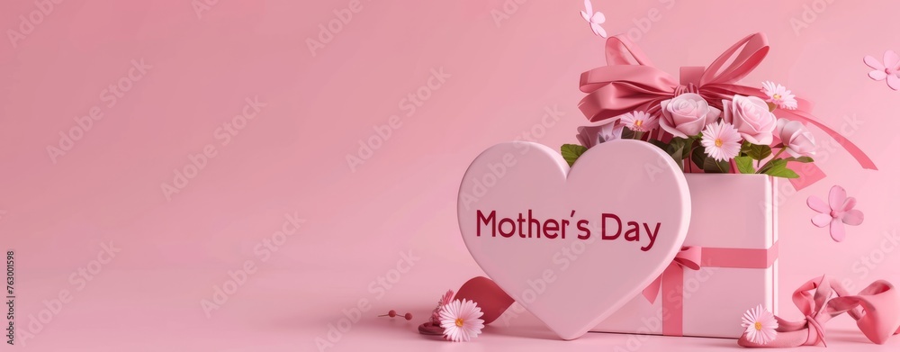 Pink background with a heart shaped gift box and flowers, the word 