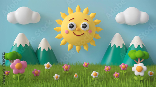 A Cartoon smiling sun and clouds in the blue kids background