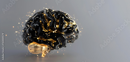 Abstract sculpture of black human brain with golden sparkles on gray background. Metamodernism  photo