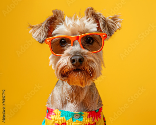 Dapper dog in a bright swim trunks, portrait against a creative, isolated backdrop of summer vibrance