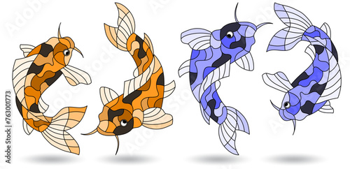 Set of illustrations in stained glass style with koi carp fish, isolated on a white background, tone blue and brown