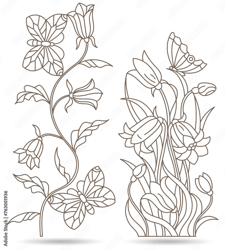 Set of contour stained glass illustrations with flowers and butterflies, dark contours on white background Set of contour stained glass illustrations with flowers and butterflies, dark contours on white background
