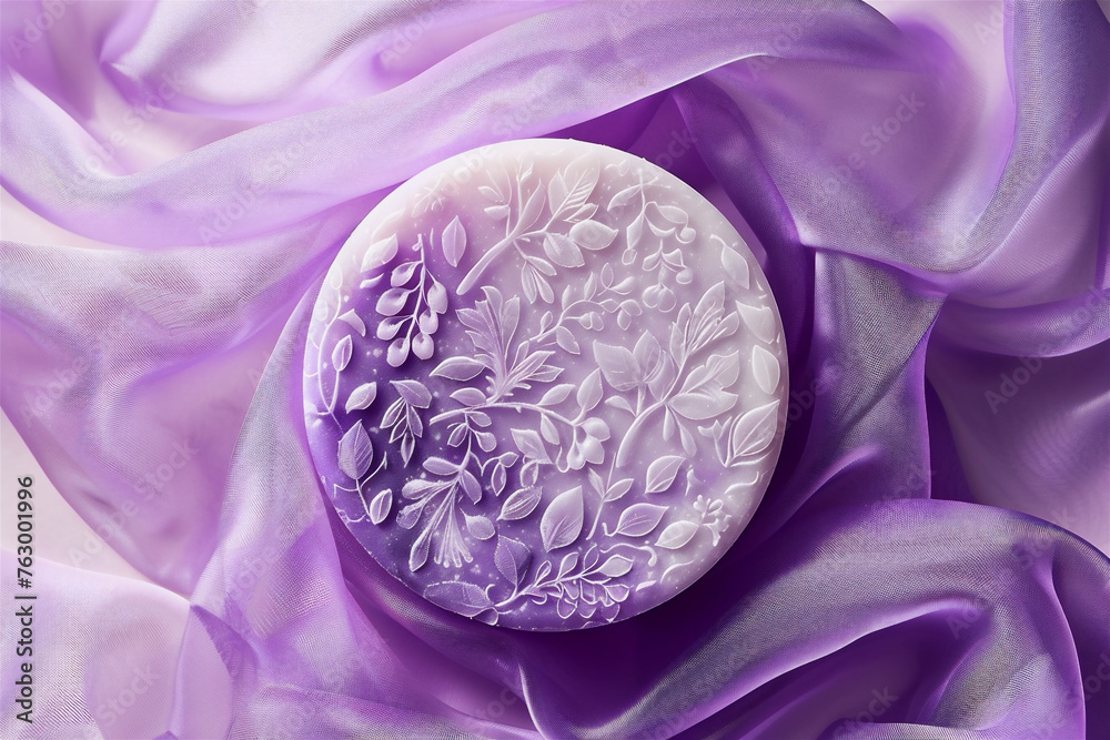 Obraz premium Two pieces of handmade gift soap in purple and violet color close-up lie on the composition on the right, a bouquet of lavender lies on the side on a white background, copy space on the left