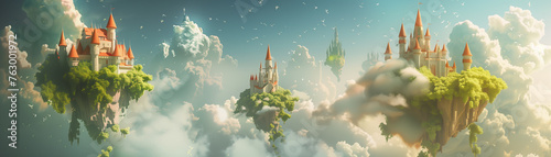 Ethereal 3D castles floating in the sky, fantasy landscape below, in clean, vivid colors