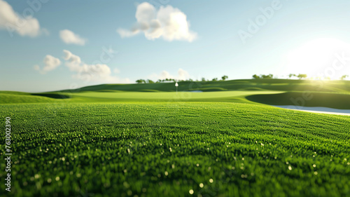 Minimalist 3D scene of a golf course fairway and hole, rendered against a clean, isolated backdrop, with a focus on simplicity and space on the left for text photo