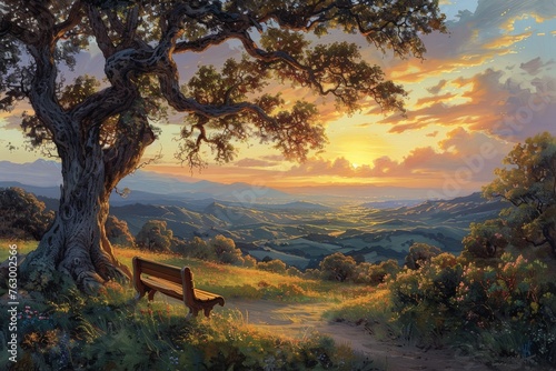 a bench under a tree in a field