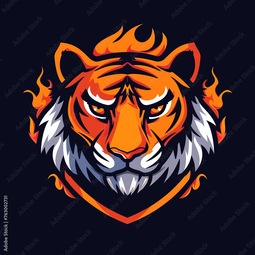 a tiger head with a shield on a black background