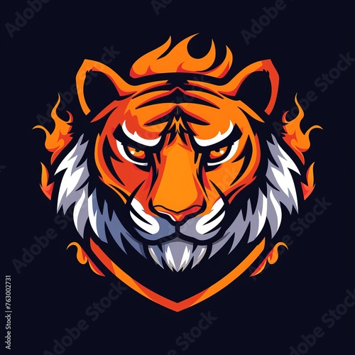 a tiger head with a shield on a black background