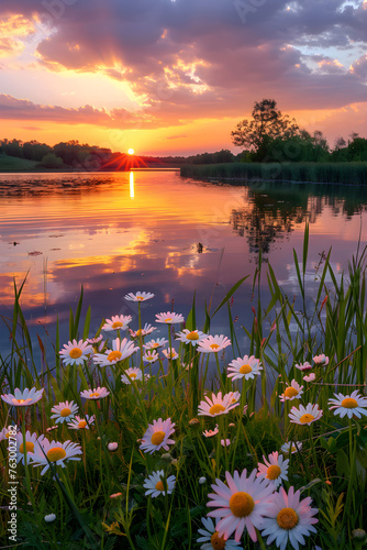 Sunset Symphony: A Scenic Panorama Of Pastel Skies Reflecting On Serene Lake Surrounded By Blooming Meadow