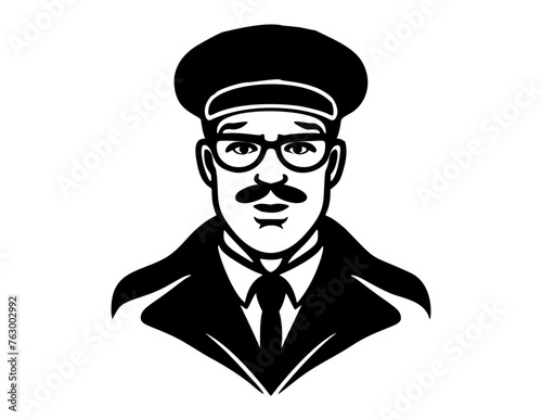 Vintage monochrome marine label with seaman in sailor captain. Bearded ship captain peaked cap for marine nautical logo design for sailor	