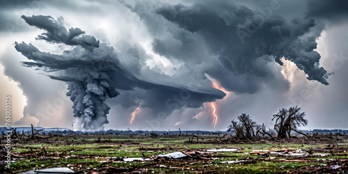 The raw power of a tornado by focusing on its twisting motion as it ravages the landscape