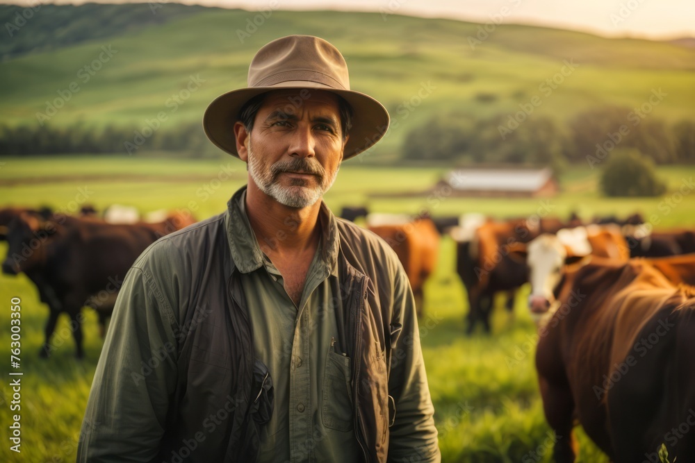 breeder male cattle farmer with cows background. breeder male cattle farmer with cows background.