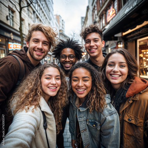 Group of friends taking a selfie in the city. Group of young people on the street.