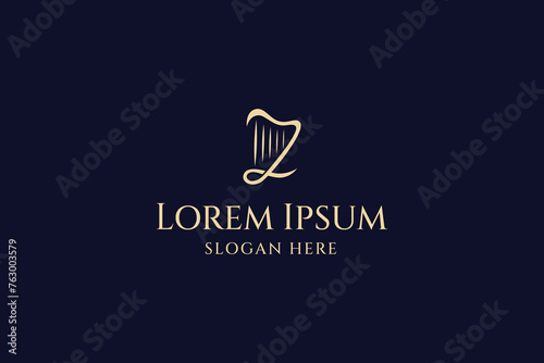 Harp musical instrument abstract logo design with gold color in flat vector design style
