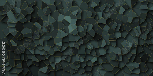 Quartz dark green Broken Stained-Glass Background. Texture of geometric shapes with shadows and stoke. Dark colorful background with polygon or vector frame. Geometric Retro tiles pattern background.