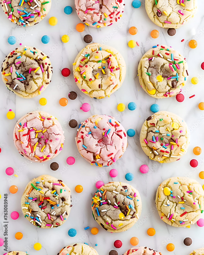 Colorful cake mix cookies on a white marble table, neatly arranged horizontally Colorful cake mix cookies on a white marble table, neatly arranged horizontally