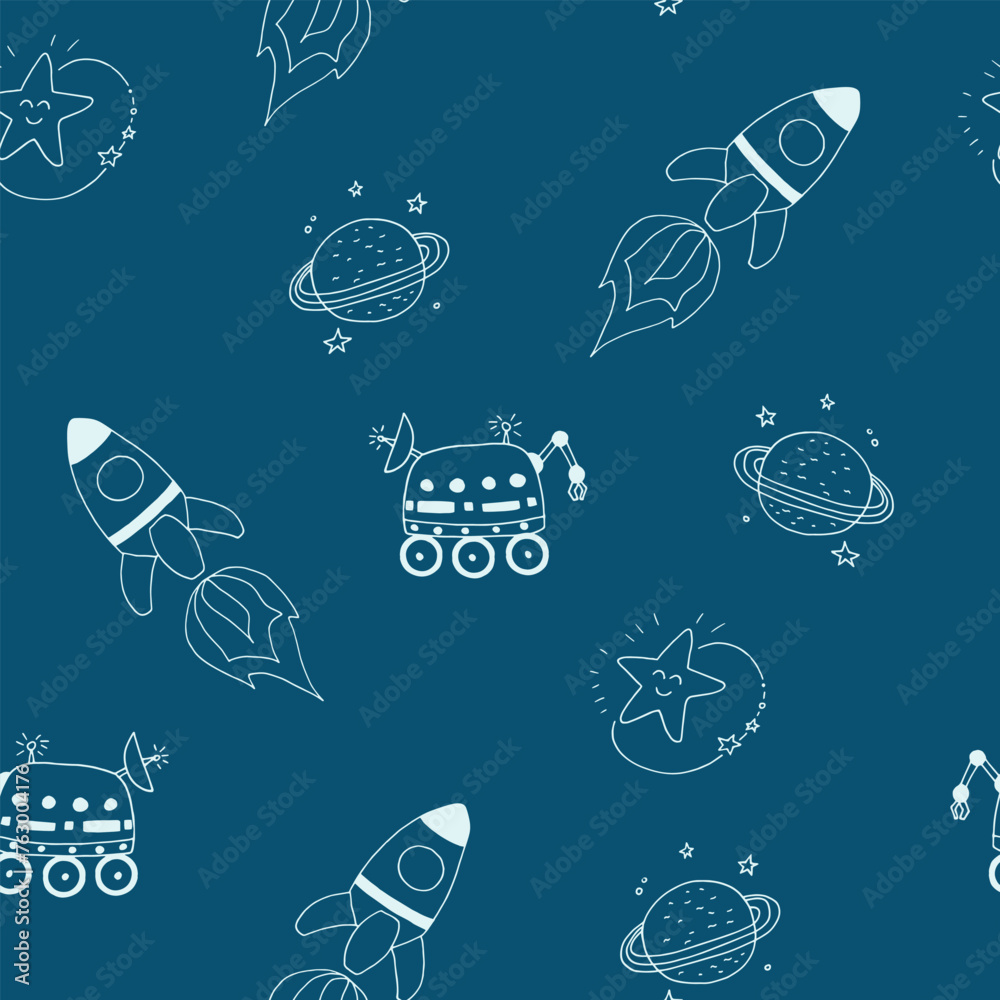 space seamless pattern hand drawn in doodle style.