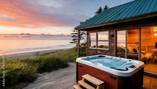 A beachside cabin with a private hot tub overlooking the ocean, providing the ultimate relaxation experience amidst nature's beauty. photo
