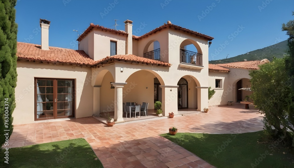 A Mediterranean-style villa with terracotta tiled roofs and a shaded courtyard, perfect for escaping the midday sun.