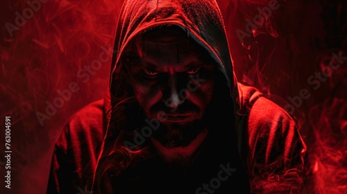 Scary man in a hoodie on a dark background with red smoke