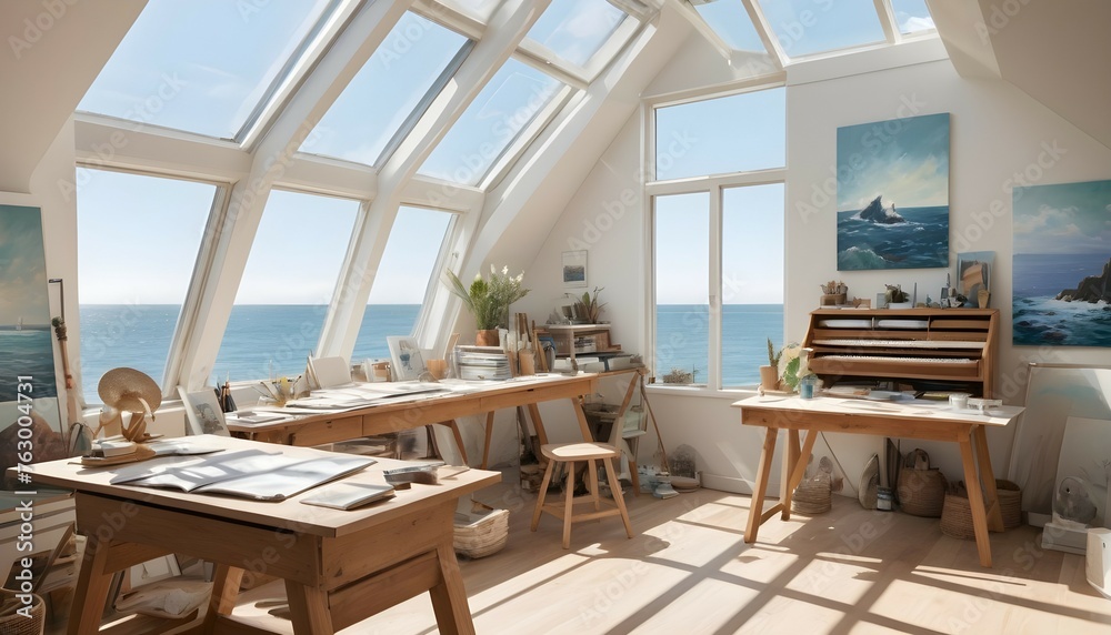 An artist's studio by the sea, featuring a sunlit workspace with large skylights and ocean-inspired decor.