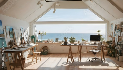 An artist's studio by the sea, featuring a sunlit workspace with large skylights and ocean-inspired decor. photo