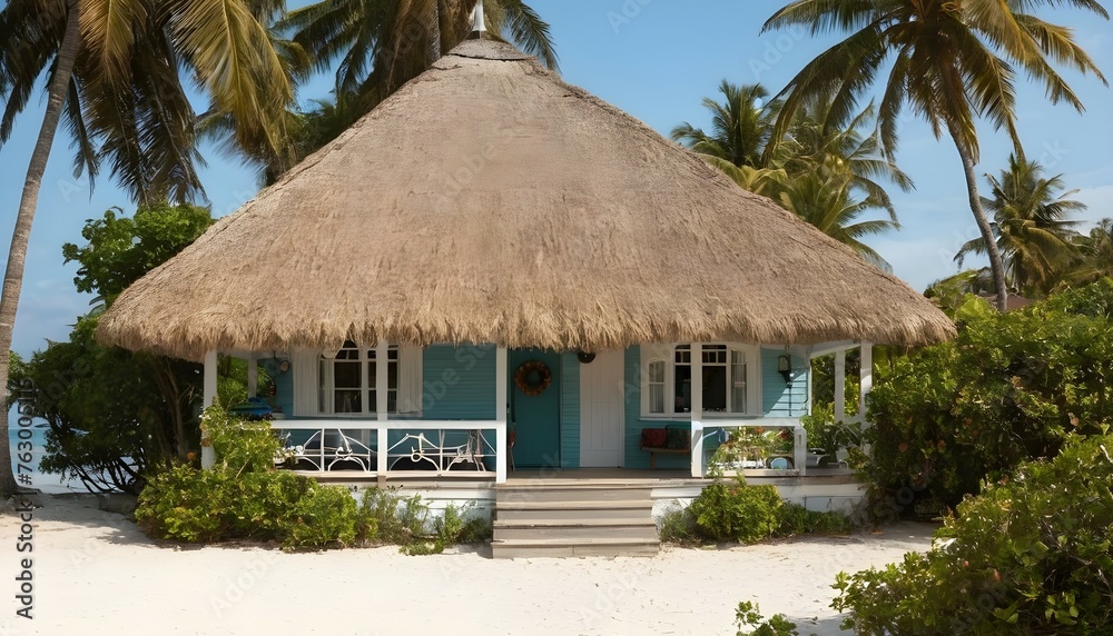 A quaint beachside bungalow with a thatched roof and a porch adorned with hanging lanterns.